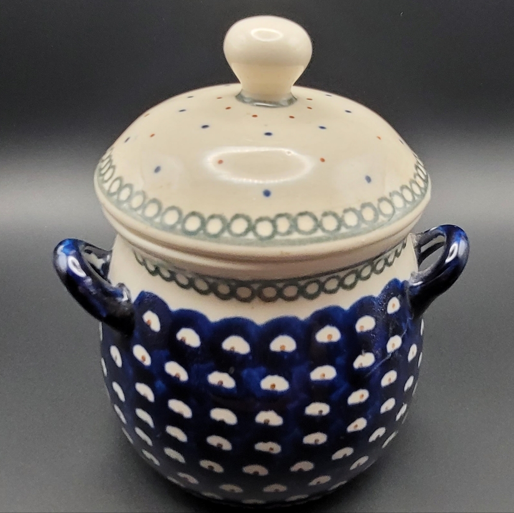 Boleslawiec Polish Pottery Bullion Cup With Lid, Flowing Peacock